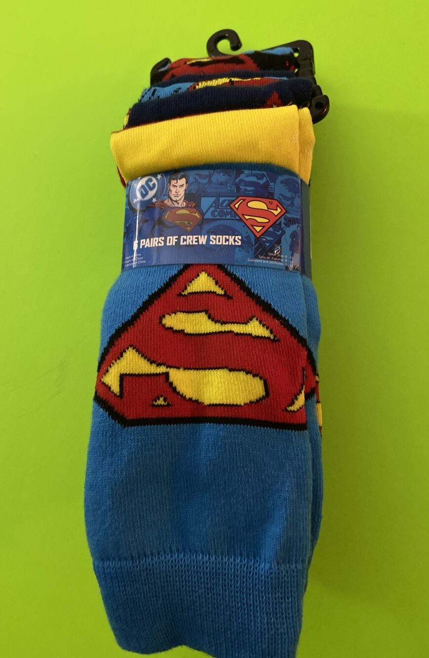 NEW! DC COMICS 6 PAIR SUPERMAN THEME CREW SOCKS / size 6-12